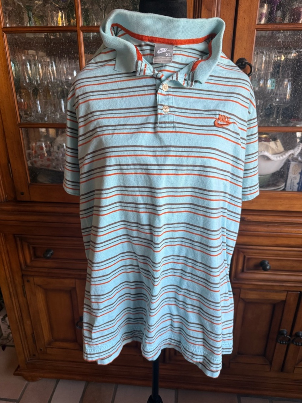 Nike Men's Light Blue Polo with Orange & Navy Stripes